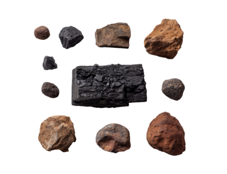 Assorted rocks and charcoal fragments.  Arrangement of various earth tones and dark charcoal