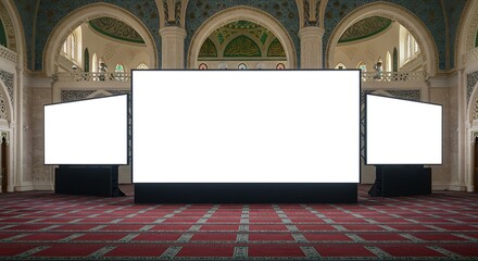Three large blank white screens for mockup or presentation, set up in a grand hall with ornate traditional Islamic architecture.