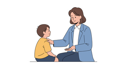 A young boy sits attentively as his mother gently comforts him, offering support and understanding in a quiet moment of connection, depicted in a simple, minimalist illustration style.