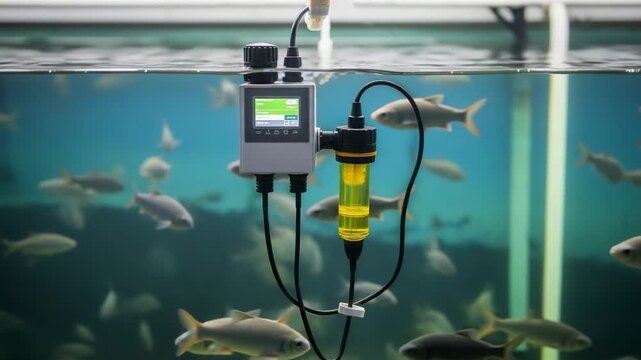 Smart aquaculture technology. A digital sensor monitors water quality parameters in a commercial fish tank with many fish.