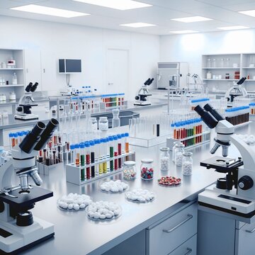  Modern Pharmaceutical Lab Equipment on Clean Background