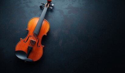 Fototapeta premium Cute violin on dark background with ample copy space for text or product placement, minimalist and elegant musical instrument concept