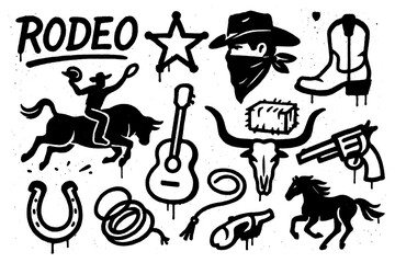 Rodeo cowboy elements in bold graffiti style, Transparent Background