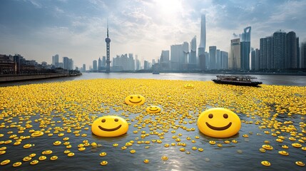 Smiley faces floating on huangpu river with shanghai skyline in background