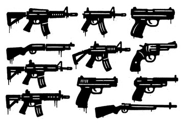 Silhouettes of firearms in bold stencil graffiti style, Transparent Background