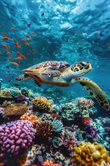 Fototapeta premium Majestic Sea Turtle Gliding Over Vibrant Coral Reef Ecosystem
