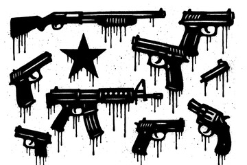 Silhouettes of firearms in bold stencil graffiti style, Transparent Background © SenorPinky