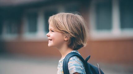 Smiling pupil wearing backpack going back to school: elementary education concept