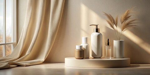 Serene Minimalist Bathroom Product Display with Natural Accents on a Neutral Surface