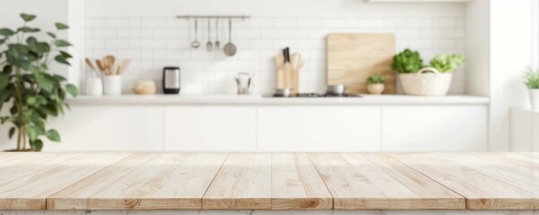 Fototapeta premium White kitchen interior with gray walls wooden table, gray countertop, gray lamp, plant, natural light through white blinds. Modern kitchen appliances, coffee maker, blender, cozy lived-in atmosphere.