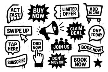 Call to action buttons in bold street art style with text like “Call Now” and “Buy Now”, Transparent Background