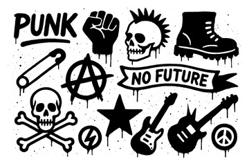 Punk subculture icons with mohawk, skull, anarchy symbol, and guitar in graffiti stencil style, Transparent Background