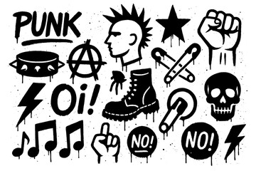Punk subculture icons with mohawk, skull, anarchy symbol, and guitar in graffiti stencil style, Transparent Background