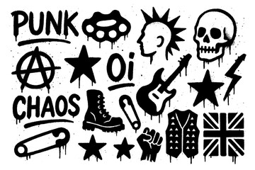 Punk subculture icons with mohawk, skull, anarchy symbol, and guitar in graffiti stencil style, Transparent Background