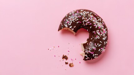 Half eaten chocolate donut with sprinkles on pink background