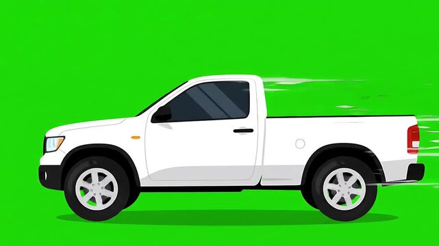 White 2D car in motion, pickup truck, animation, green screen, cartoon, footage, mockup, loop, chromakey
