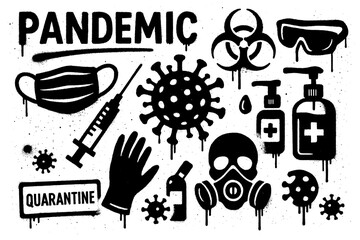 Pandemic icons with masks, gloves, virus, and sanitizer in graffiti stencil style, Transparent Background
