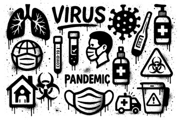 Pandemic icons with masks, gloves, virus, and sanitizer in graffiti stencil style, Transparent Background