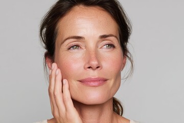 Attractive mature woman touching her face and looking away from the camera. Use it to promote skincare, beauty products, and healthy aging concepts.
