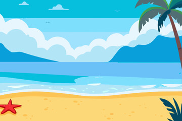 Vibrant tropical beach scene with palm tree starfish and calm ocean waves under blue sky