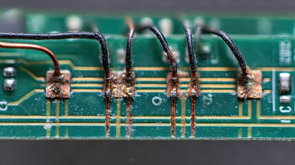 Copper wires soldered on green circuit board, showing dust and corrosion