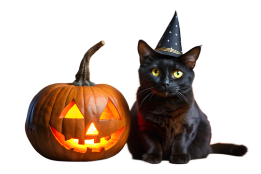 A black cat wearing a witch hat sits next to a carved glowing pumpkin isolated on transparent background