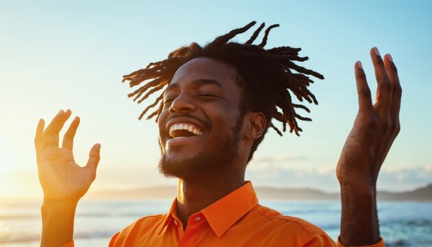 Young man with dreadlocks raises arms in joy on beach at sunset. Vibrant colors of shirt, ocean, and sky blend in warm atmosphere. Man joyful expression is set against calm blue sky and serene ocean.