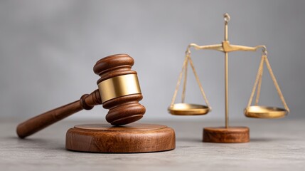 Justice served gavel and balance scale in courtroom law environment shallow focus perspective