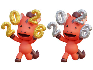 holding a 2026 balloon cartoon style 2026 new year red horse character 3D graphic