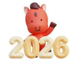 cartoon style 2026 new year red horse character with 2026 Balloon 3D graphic