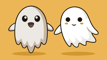 Two cartoon ghost characters with expressive eyes and black pupils, floating playfully against a simple background..eps