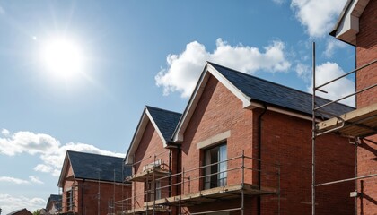 Residential building with red brick walls, gray roof, white balcony on second floor. Situated on city street with tree in foreground, blue sky above. Urban construction site with scaffolding, ladder,