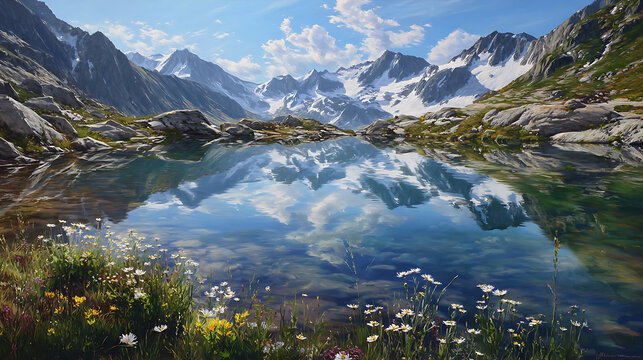 Majestic snow-capped mountains reflected in serene alpine lake with wildflowers in foreground nature scene