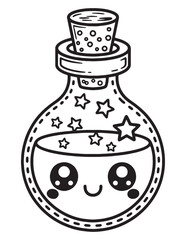 Potion Bottle with Cute Face and Stars – Halloween Line Art for Kids