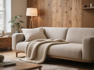 Portrait of a hand-knitted blanket in a modern living room 