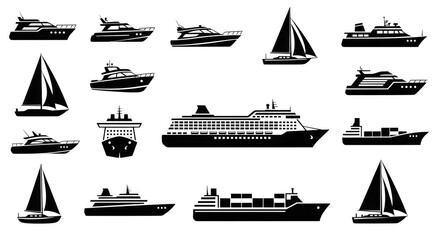 Diverse Collection of Black Silhouette Watercrafts on White Background.