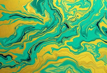 Fototapeta premium Abstract teal and gold swirling paint, fluid texture, luxury art, glossy, shimmer
