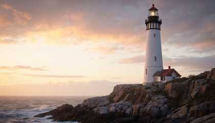 Lighthouse stands tall on rocky cliff. White structure topped with red roof, ocean waves below. Rugged cliff, sunset sky with orange blue hues, calm sea