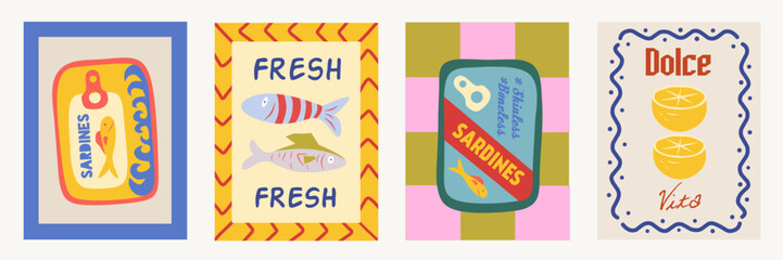 Food posters. Hand drawn kitchen frame banner. Creative wall art with lemon, fish, sardines can for cafe or restaurant menu. La dolce vita decor. Cartoon vector illustration creative set collection.	