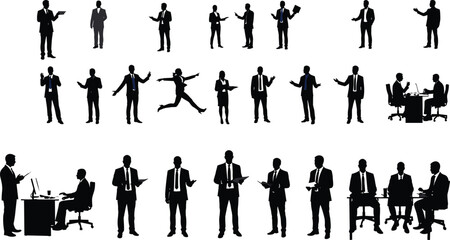 Silhouettes of business professionals in various office poses, communication, teamwork, presentation, working at desks, corporate interaction scene