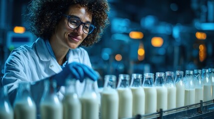 Female scientist inspects bottles of milk on a production line. Showcases quality control in food and beverage manufacturing.
