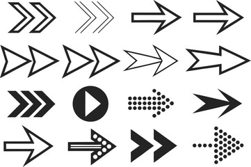 Collection of diverse black and white arrow icons