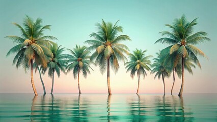 Obraz premium Serene Tropical Paradise Palm Trees Gently Swaying in Calm Ocean Waters at Sunset