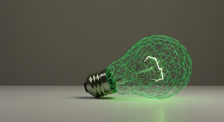 Light bulb idea concept for business and green energy. A glowing green, wireframe lightbulb lays on its side, illuminating a white surface against a dark background.