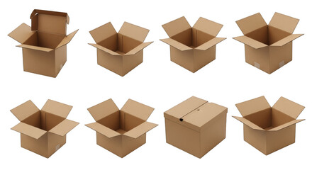 Fototapeta premium A collection of eight brown corrugated cardboard boxes mostly open with flaps up and one closed.