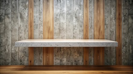 Empty stone shelf against rustic wood and concrete wall background, perfect for product display or design showcase