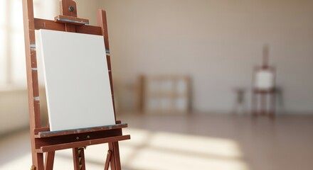 Easel stand holding blank canvas, ready for artist's inspiration and brushstrokes. Easel is positioned in bright art studio, space for creativity.