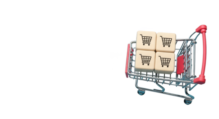 Miniature chrome shopping cart with a red handle filled with four beige blocks featuring shopping cart icons.