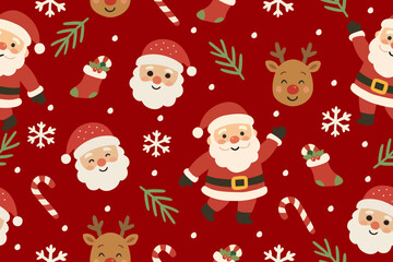 Cute Christmas seamless pattern with Santa Claus, reindeer, candy canes, snowflakes, and stockings on a festive red background. Perfect for holiday designs.