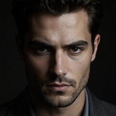 Obraz premium Close-up portrait of a handsome brunette man with serious expression. Dark hair, beard, and eyes. Brown eyes with a natural, calm gaze. Isolated male model on a dark background, studio shot.
